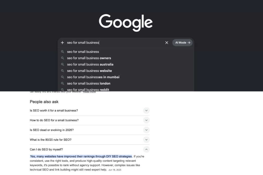 Google search showing People Also Ask and autocomplete for keyword research for small business