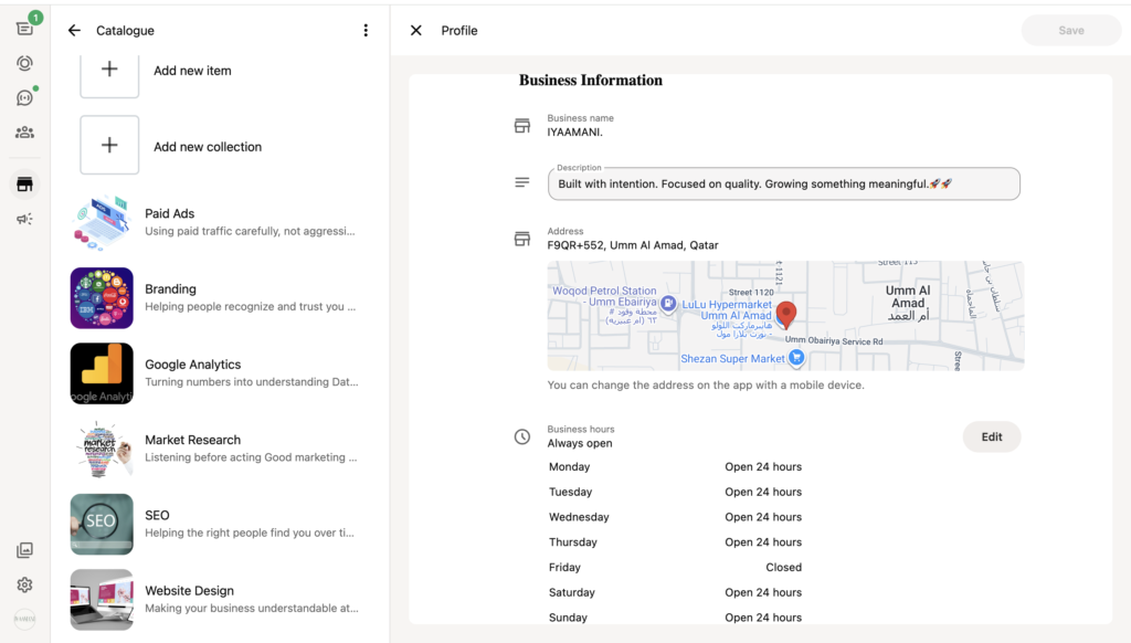 whatsapp business app showing product catalogue and business profile for small business customer communication