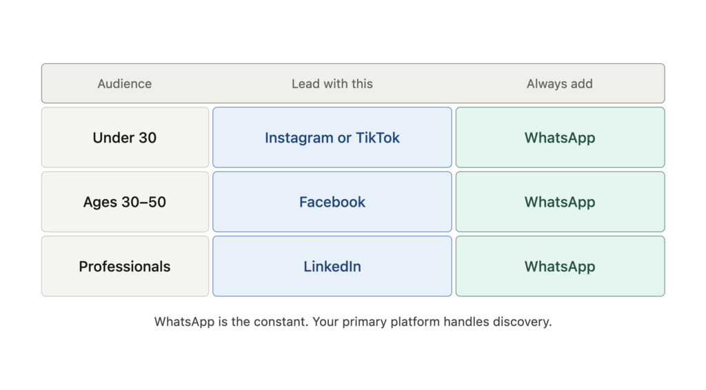 social media platform recommendation grid for small business showing instagram tiktok facebook and linkedin paired with whatsapp by customer age